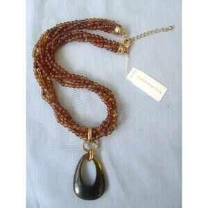 3 Strand Amber Beads & Amber Pendant Necklace Gold Tone Hardware 16.5"